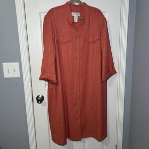Brownstone Studio Dress Womens 22W Orange Button Front Shirt Dress Plus Made USA